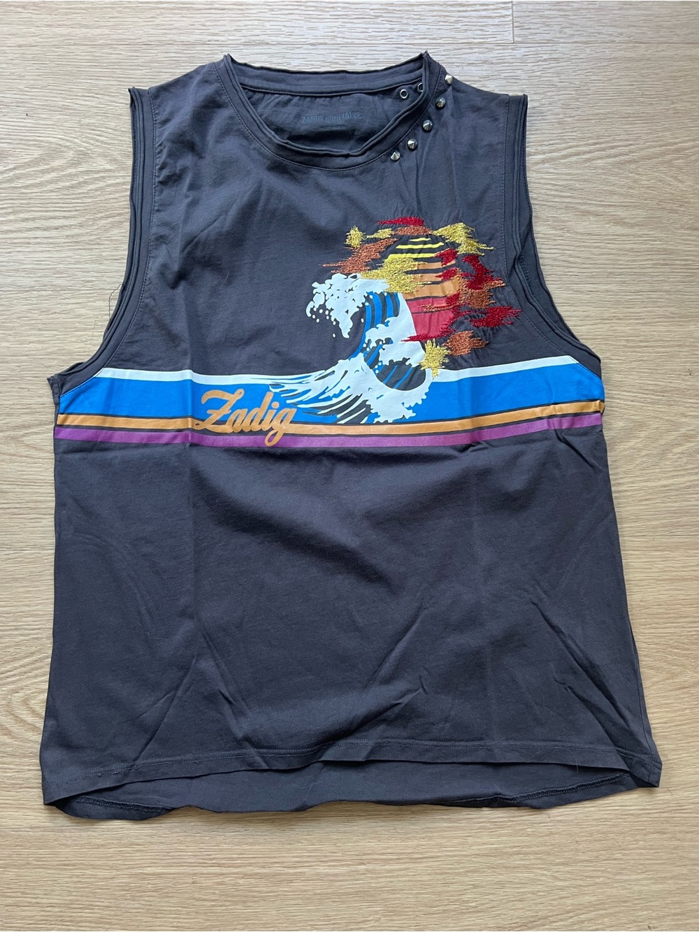Zadig & Voltaire Black Sleeveless Graphic Tank with Colorful Wave